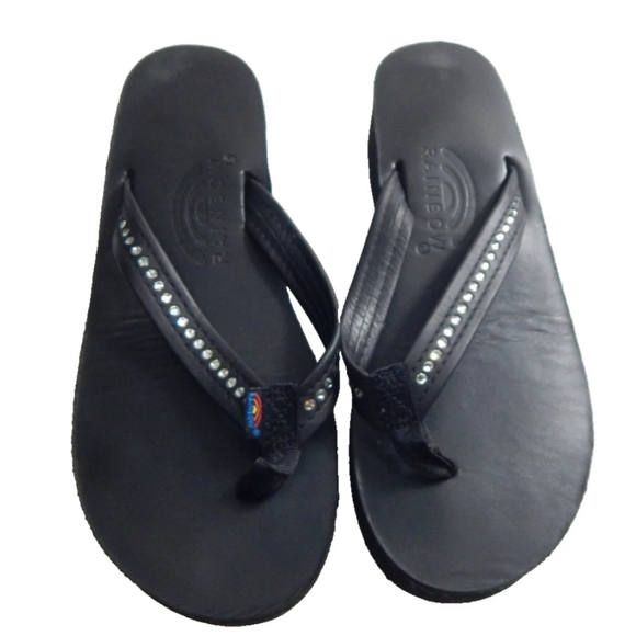Rainbows Black Leather Swarovski Crystal Wedge Flip Flops - Picture 1 of 4